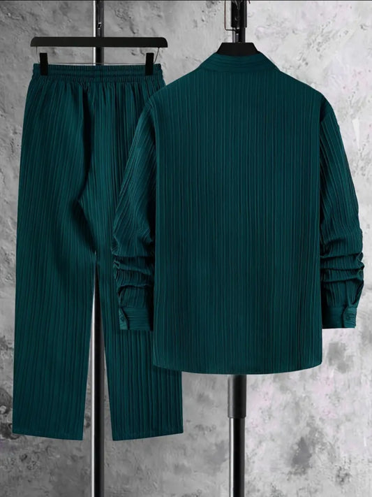 Ensemble decontracté pour homme 2 piéces: Chemise à manches longues élégante avec col à revers et pantalon à cordon