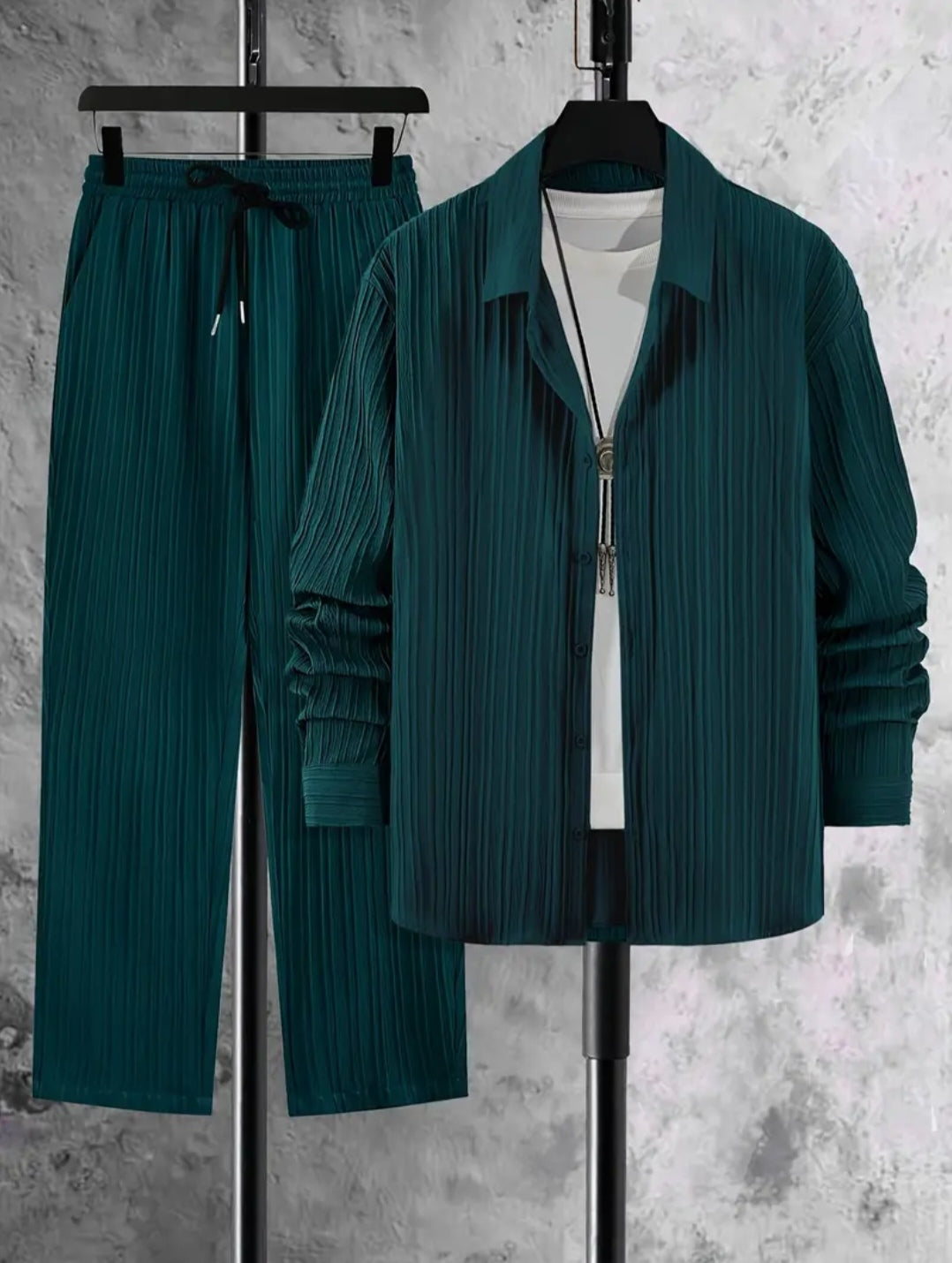 Ensemble decontracté pour homme 2 piéces: Chemise à manches longues élégante avec col à revers et pantalon à cordon